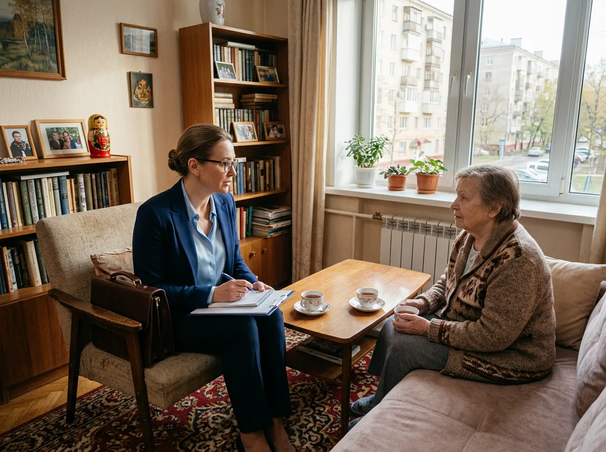 Врач-психиатр в деловой одежде приходит на домашний визит к пациенту в светлой московской квартире, профессиональный спокойный вид, дневной свет